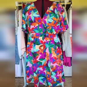 Colorful Leaf Print Wrap Dress